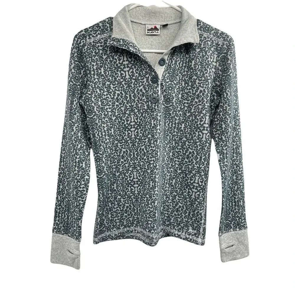 Kavu Women's Size S Lopez Long Sleeve Mock Neck Shirt Top Thumb Holes Button - Picture 7 of 11